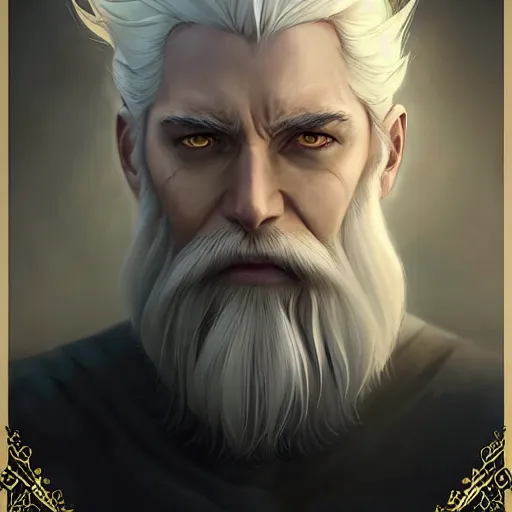 Prompt: portrait of a man with stylish white hair,an unusual beard and yellow eyes,character design by charlie bowater, ross tran, artgerm, and makoto shinkai, detailed, inked, western comic book art, 2021 award winning painting,digital art,art by greg rutkowski,photorealistic,highly detailed,hyperdetailed,hyperrealistoc,detailed face,surreal,fantasy
