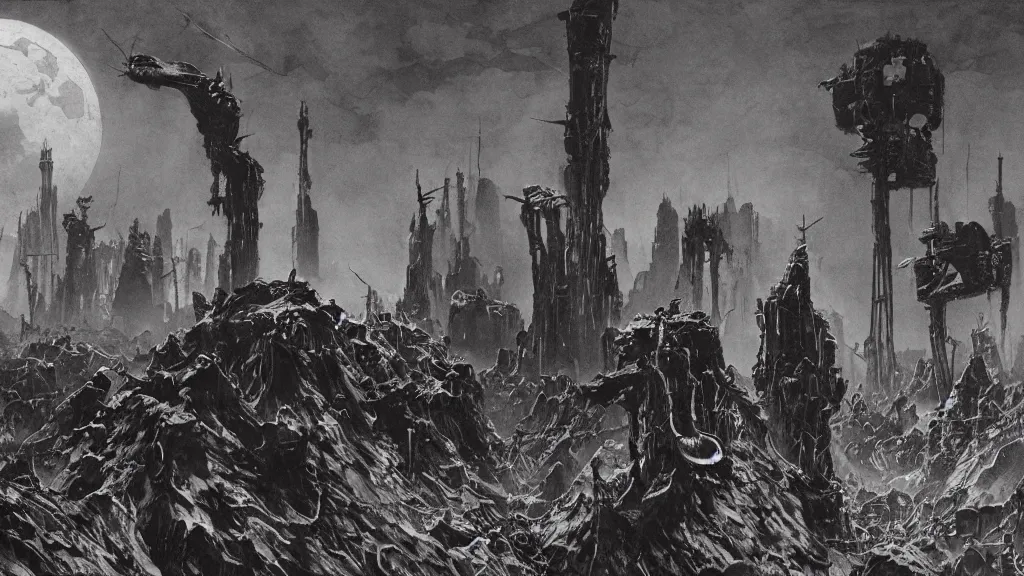 Prompt: group of survivors, no man's land, remnants of the human civilization, post - apocalyspe, machines, bleak, eerie atmospheric, a color illustration by tsutomu nihei, gerald brom and vincent di fate, epic cinematic matte painting