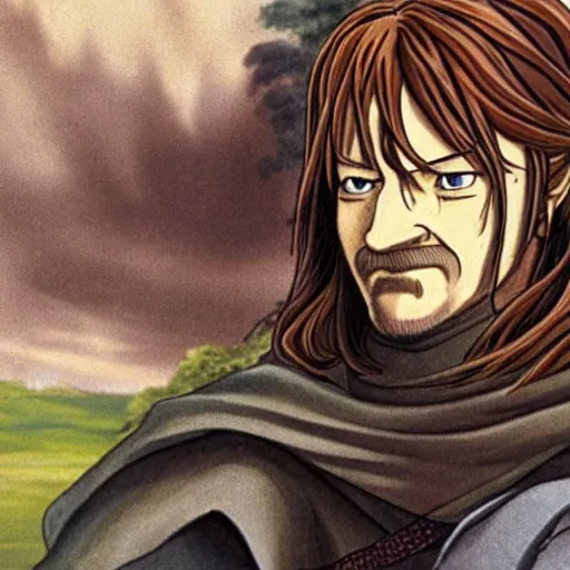 Image similar to boromir from the anime lord of the rings (1986), ginger hair, looking serious, some beard, studio ghibli, very detailed, realistic