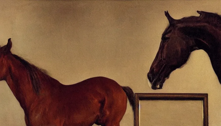 Prompt: painting by borremans, horse in front of the mirror, detailed, stunning