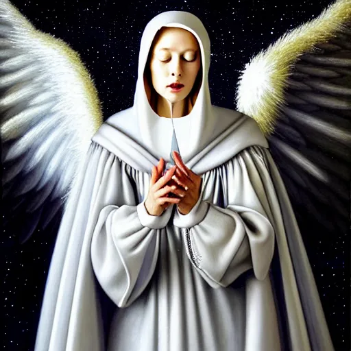 Prompt: beautiful high details hyper realistic painting of white angel in the hood coming from space with giant ball of miracle light from the chest!!!!!, 4 k hd face!!!, fashion face, no gender, giant silver holographic wings, by jan van eyck, holography space, white sparkles everywhere, thin strokes, high textures, silver background