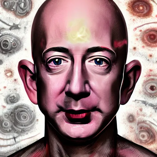 Image similar to Jeff Bezos as a terrifying cosmic horror with a thousand tentacles coming from his eyes and cracks in his head with a cosmic background. Epic digital art, extremely detailed, terrifying