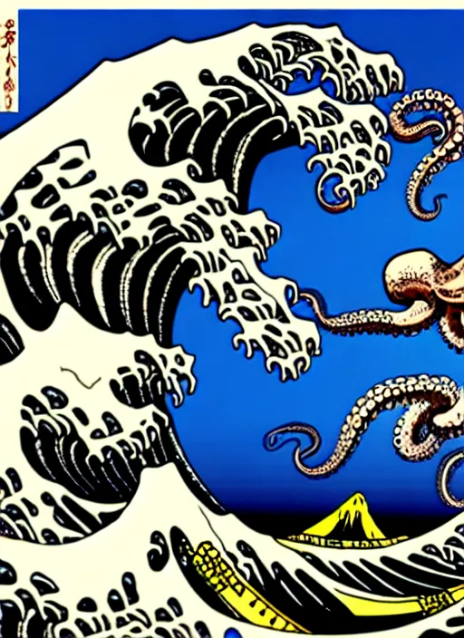 Image similar to cybernetic octopus surfing the great wave by Hokusai, 8k, full body character drawing, clean ink detailed line drawing, intricate detail, extremely detailed.