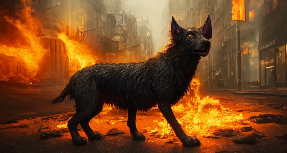 Image similar to A beautiful hyperrealistic ultradetailed matte painting of a demonic Hellhound on fire standing in the middle of city street at night in an abandoned post-apocalyptic city, unreal engine, deviant art, flickr, artstation, octane render, textured, colorful, hyperrealistic, physically based rendering, pbr render, very detailed, volumetric lighting, octane render, 4k, cinematic, 8k resolution,