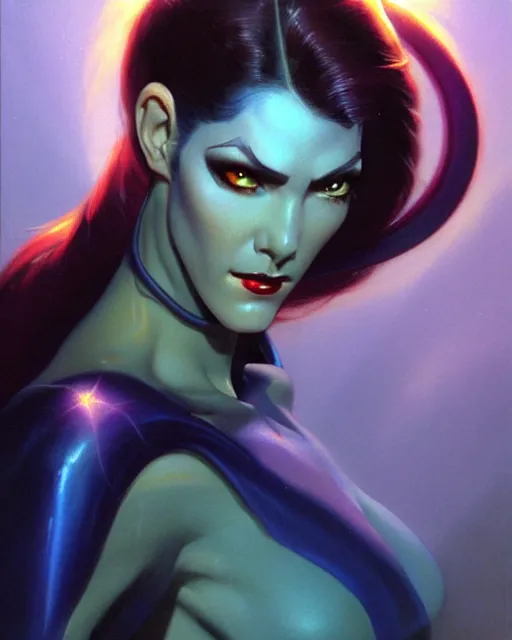 Image similar to widowmaker from overwatch, character portrait, portrait, close up, vintage fantasy art, vintage sci - fi art, radiant light, caustics, by boris vallejo