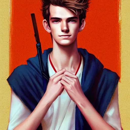 Image similar to colorful Captivating teenage boy with brown blond short quiff hair and facial structure like andrew garfield, brown eyes with red eye markers, slim body, wearing a detailed Japanese kimono with golden details, atmospheric lighting, painted, intricate, 4k, highly detailed by Charlie Bowater