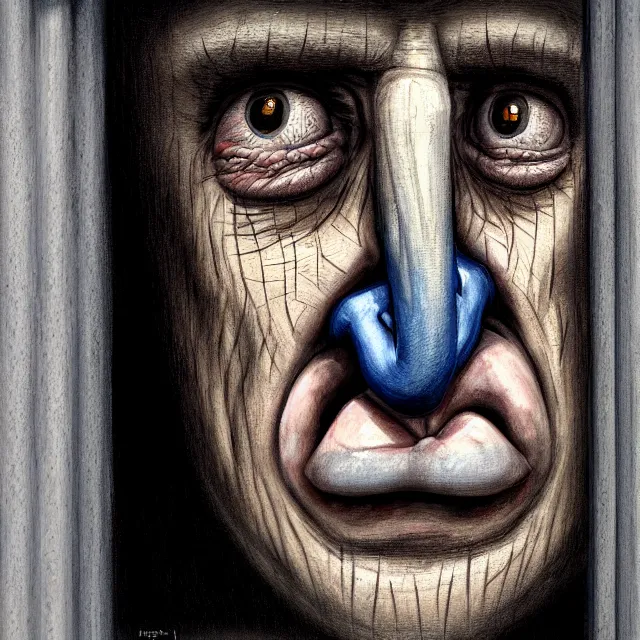 Image similar to prison cell behind bars of jail gediminas pranckevicius | close up portrait of a the trump behind jail bars in the sinister valley of despair, one mouth, one nose, two eyes, oil painting by tomasz jedruszek, cinematic lighting, pen and ink, intricate line, hd, 4 k, million of likes, trending on artstation