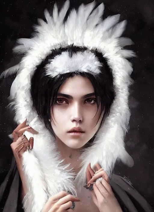 Prompt: a teenage girl with very short black hair and a huge cloak made of white feathers. beautiful highly detailed face, heavy makeup. beautiful painting by artgerm and greg rutkowski and raymond swanland