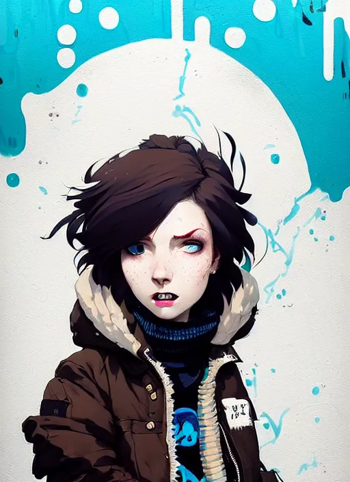 Prompt: highly detailed portrait of a sewer punk lady student, blue eyes, puffy jacket, white hair by atey ghailan, by greg rutkowski, by greg tocchini, by james gilleard, by joe fenton, by kaethe butcher, gradient blue, black, brown and cyan color scheme, grunge aesthetic!!! ( ( graffiti tag wall background ) )