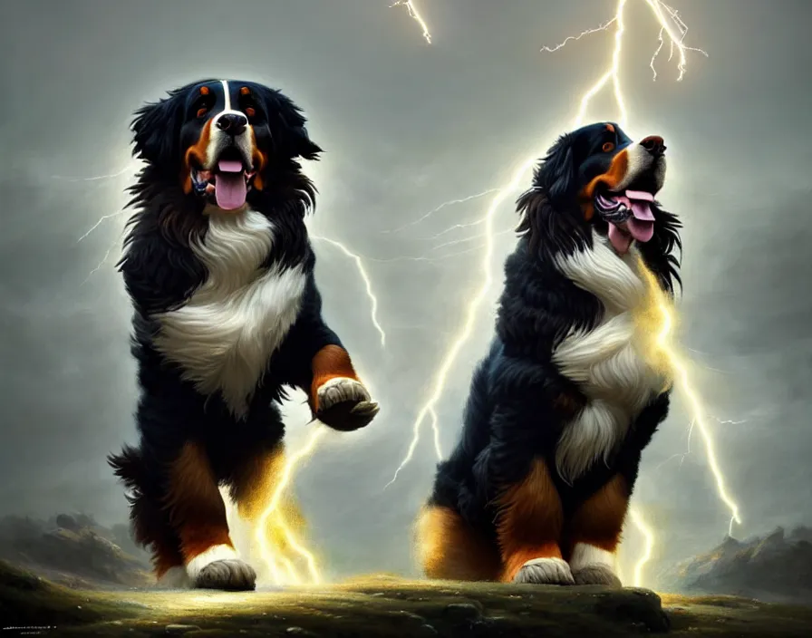 Prompt: an epic painting of a male anthropomorphic bernese mountain dog as zeus, shooting lightning bolts from his paws, by greg rutkowski, intricate details, artstation, furry, cinematic, hd, beautiful