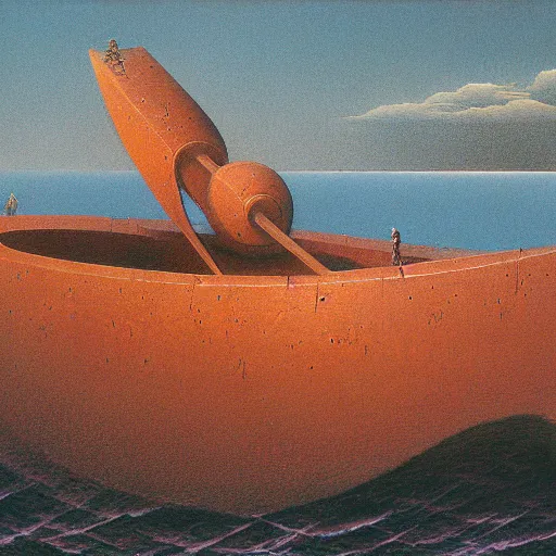 Image similar to a gunboat by Zdzisław Beksiński, oil on canvas