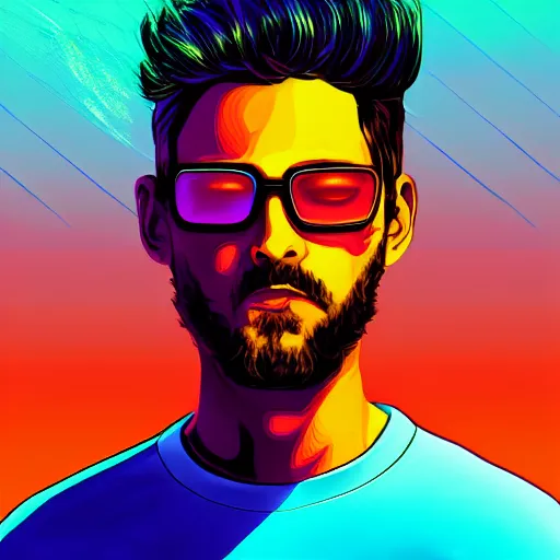 Prompt: art of a chill synthwave dude, digital painting, synthwave, vivid