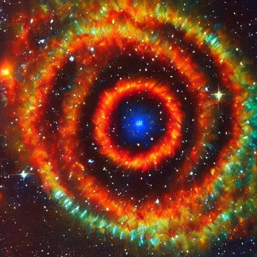 Prompt: Kinetic sculpture. NGC7293 Helix Nebula in intrared by VISTA telescope, Chile. Flickr, stencil by Joe Jusko rich, bold