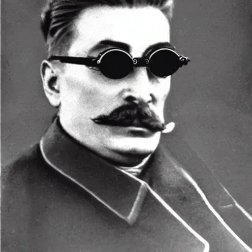 Prompt: josef stalin wearing big steampunk googles, photo by gustave baumann