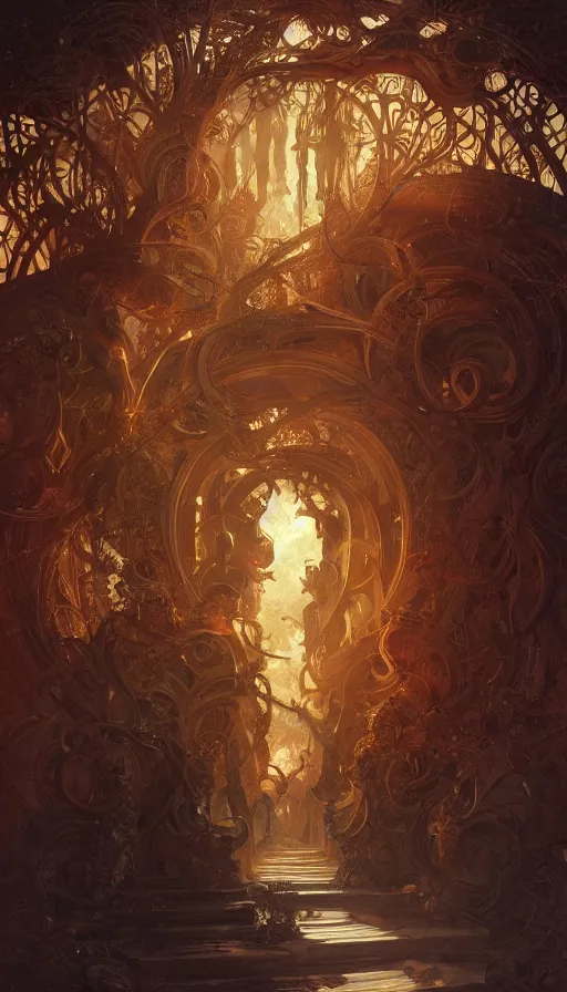 Prompt: gates to hell, fibonacci, sweat drops, insane, intricate, highly detailed, digital painting, artstation, concept art, smooth, sharp focus, illustration, Unreal Engine 5, 8K, art by artgerm and greg rutkowski and alphonse mucha