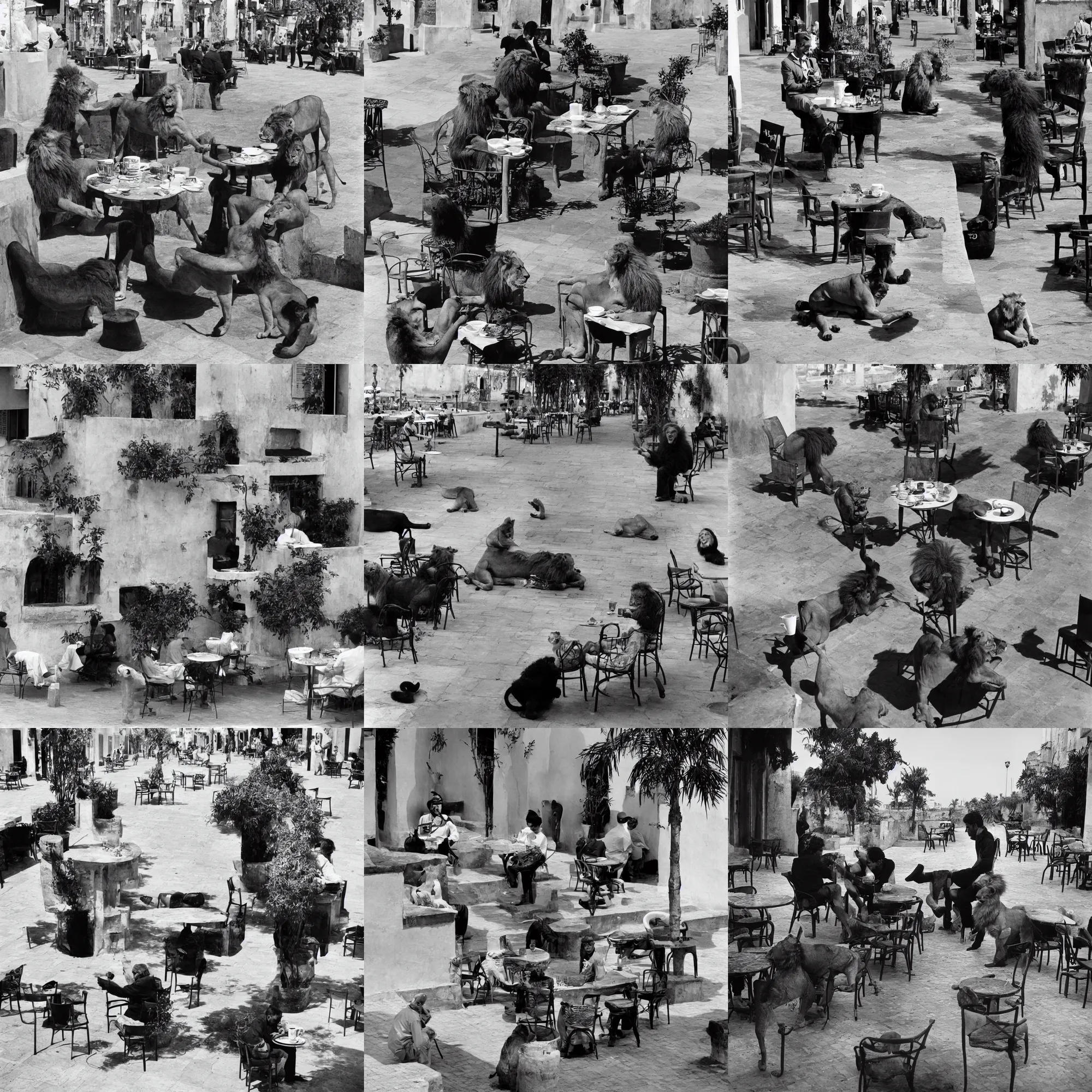 Prompt: A lion drinking a coffee at the terrace, in Rabat. Medium shot. Henry Cartier Bresson.