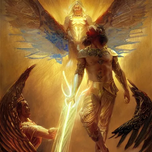 Prompt: attractive male deity casts light spell, summons attractive male lucifer morningstar. highly detailed painting by gaston bussiere, craig mullins, j. c. leyendecker 8 k