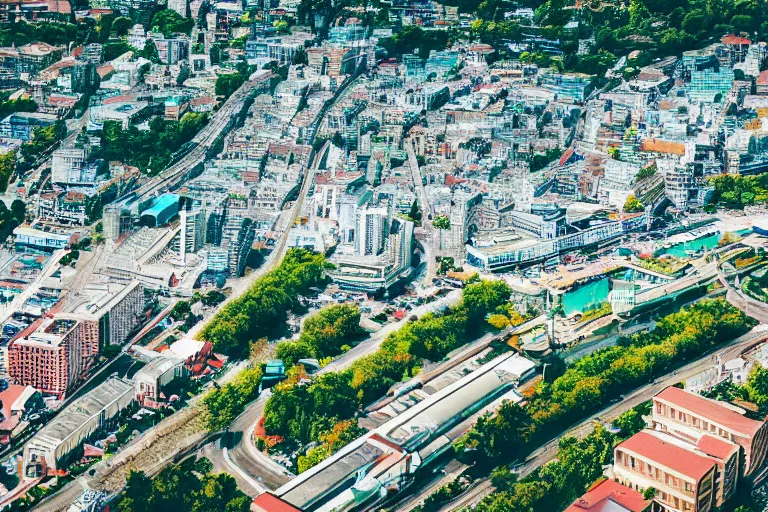 Image similar to bird's eye view photography of a small city. town hall, central farm, monorail station, beach and harbor. hills, woods and lake to the north.