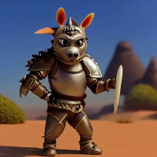 Image similar to antropomorphic medieval knight hyena warrior as nendoroid walking in a desert in the croods movie style, anime, disney, pixar, 8 k, hd, dof, kodak film, volumetric lighting, subsurface scattering, photorealistic, octane render, details