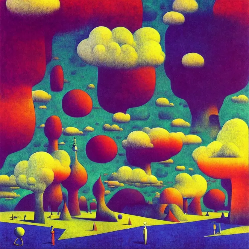 Image similar to surreal glimpse into other universe, zeppelin, island, summer morning, very coherent and colorful high contrast, art by! gediminas pranckevicius, rene magritte! paul klee geof darrow, volumetric lighting, cinematic, floralpunk screen printing woodblock, dark shadows, hard lighting, stipple brush