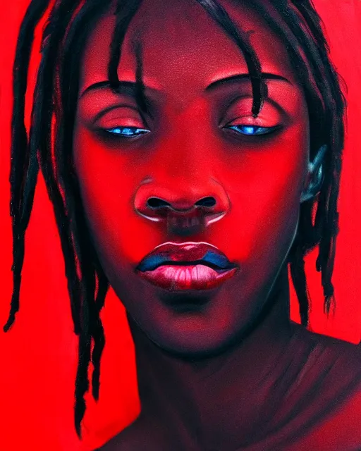 Image similar to realistic portrait of a black figure with red background, dark art, facing camera, photo realistic, detailed, 1 4 5 0, delicate, hyper realism, ultra realistic, 8 k