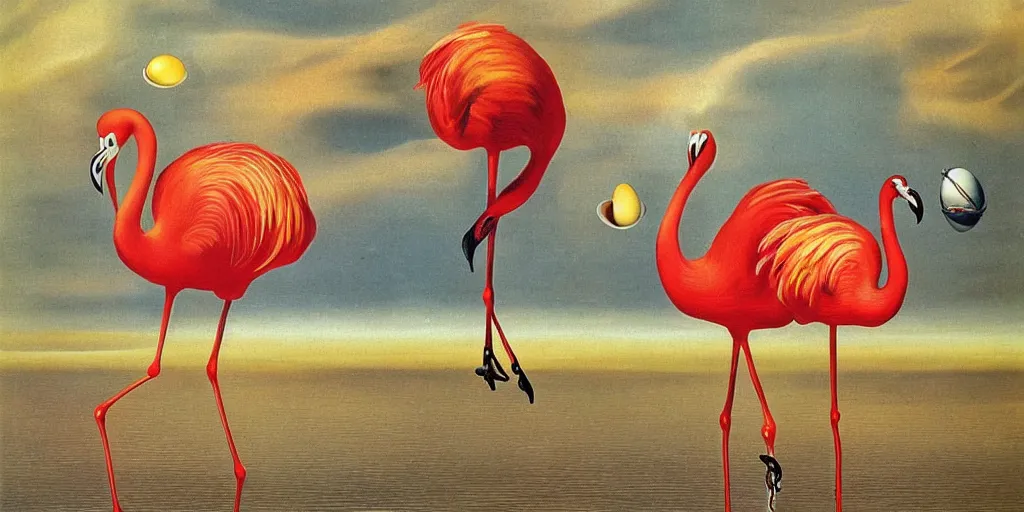 Image similar to Pair of dancing flamingos with a flying egg, oil painting by Salvador Dali.