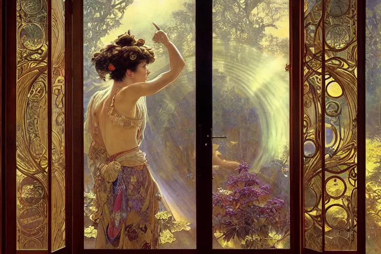 Image similar to large rustic intricately decorated wooden double door, metal handles, a view to a fantasy world, ethereal back light, mist, coherent composition, fantasy painting by noriyoshi ohrai, alphonse mucha