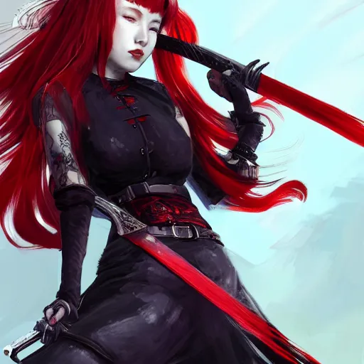 Image similar to a girl with red hair holding a katana, gothic clothes, ponytail, action shot, highly detailed, digital painting, artstation, concept art, smooth, sharp focus, illustration