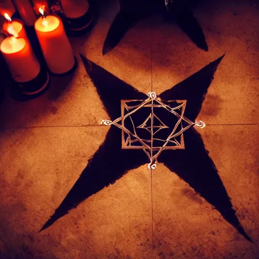 Image similar to a metal musician using a pentagram on the floor to conjure a demon. Candles. Ominous lights. Magic. Horror film still.