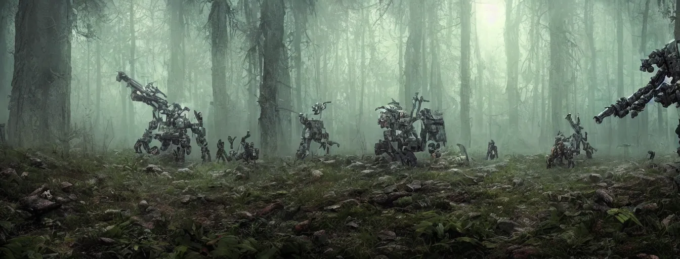 Prompt: image of deep forest with terrific and creepy mechwarriors with volumetric lights, running and hunting people, post - apocalyptic style, high detail, dramatic moment, motion blur, ground fog, dark atmosphere, saturated colors, by darek zabrocki, render in unreal engine - h 7 0 4