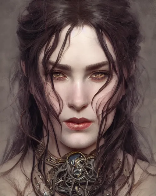 Prompt: close up portrait of a ruggedly female witch, soft hair, half body, leather, d & d, fantasy, intricate, elegant, highly detailed, digital painting, artstation, concept art, smooth, sharp focus, illustration, art by artgerm and greg rutkowski and alphonse mucha
