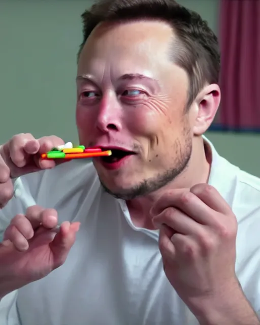 Image similar to a man eating crayons with a fork, elon musk, 4 k, high quality, crayons served on a plate