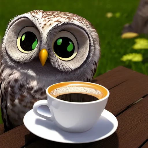 Prompt: cute owl looking at garden enjoying a cup of coffee, watching sunrise, anime, disney, octane render, 8 k, hd