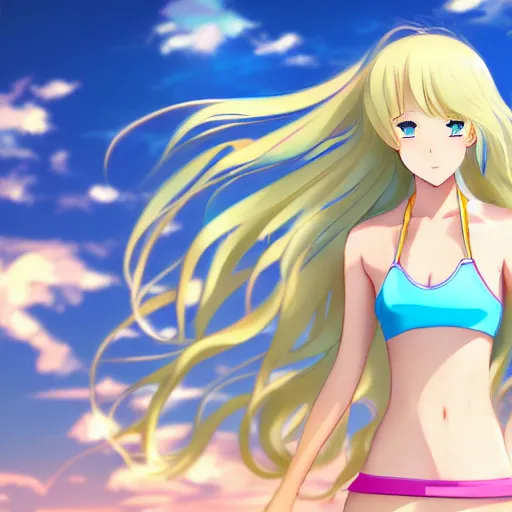 Image similar to a very beautiful young anime tennis girl, full body, long wavy blond hair, sky blue eyes, full round face,, bikini, miniskirt, front view, mid - shot, highly detailed, cinematic wallpaper by wlop
