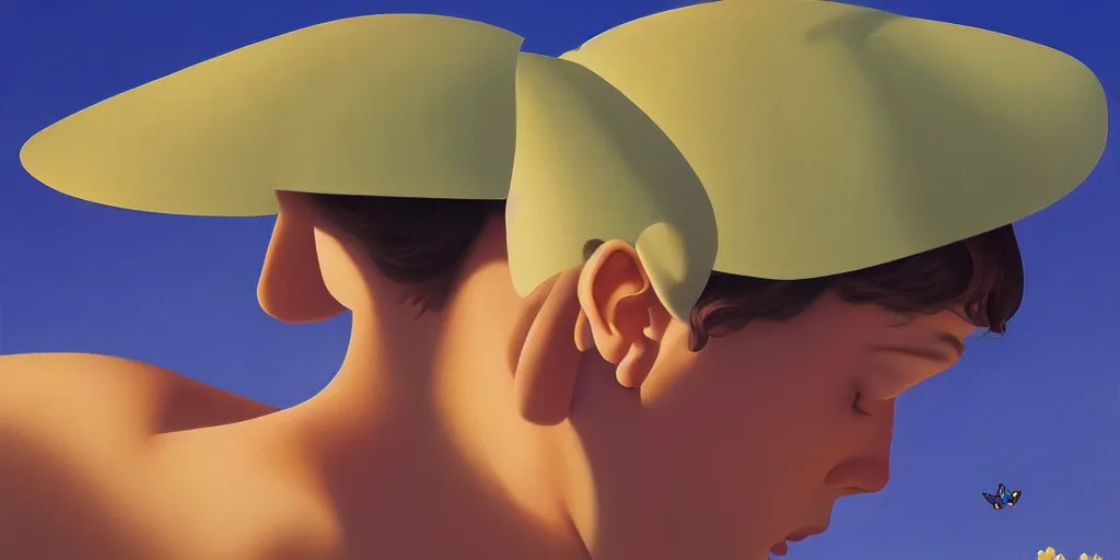 Prompt: butterfly on the head, blue sky, summer evening, kenton nelson