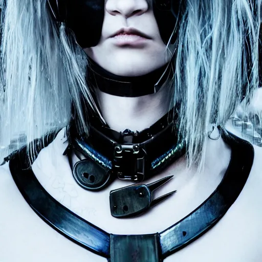 Image similar to detailed realistic cyberpunk female character cyberpunk wearing large steel collar around neck, realistic, art, beautiful, 4K, collar, choker, collar around neck, punk, artstation, detailed, female, woman, choker, cyberpunk, neon, punk, collar, choker, collar around neck, thick collar, choker around neck, wearing choker, wearing collar, bright neon punk hair,