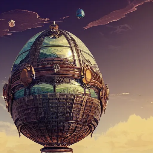 Image similar to enormous flying city in a faberge egg, sky, steampunk, fantasy art, unreal engine,