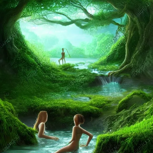 Prompt: beautiful digital fantasy illustration of A woody green field with a stream running through it, with a group of dryad women standing in the water. They seem to be preparing to submerge themselves in the cool, clear waters of the stream. cgsociety, fantasy art, highly detailed, soft lighting, rendered in octane, masterpiece, very very very aesthetic