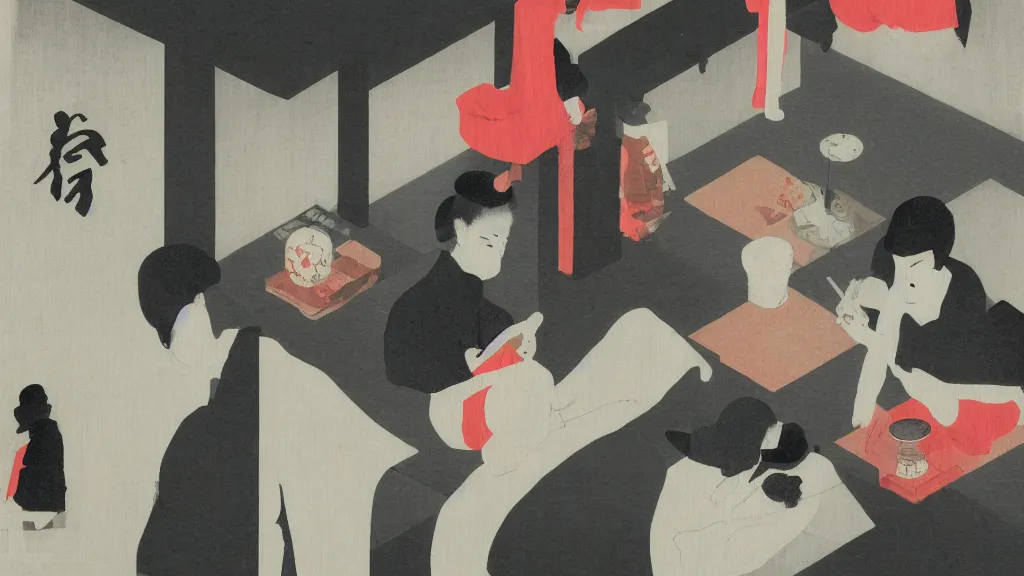 Image similar to a small tea ceremony, japan, a collage painting, in the style of wes anderson, lola dupre, david hockney, isolated on negative white space background dark monochrome neon spraypaint accents volumetric octane render