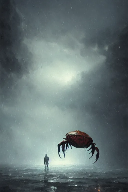 Prompt: Hyper realistic painting of a crab in plate armor, hyper detailed, thunderstorm, midnight, volumetric lighting, creepy atmosphere, by greg rutkowski