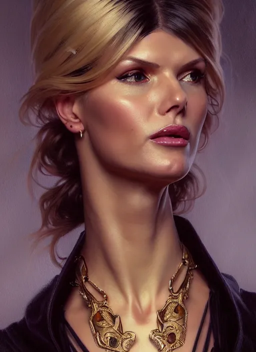 Prompt: portrait of victoria silvstedt as a lady, collar and leash, jewelry, greek, dark, intricate, headshot, highly detailed, digital painting, artstation, concept art, sharp focus, cinematic lighting, illustration, art by artgerm and greg rutkowski, alphonse mucha, cgsociety