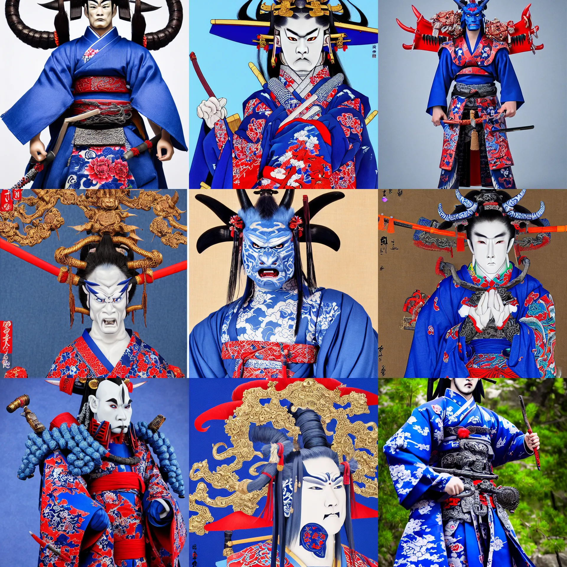 Image similar to a standing portrait of a male blue blue oni demon 鬼 👹 horns horns horns blue blue blue skin dressed as samurai 羽 織 haori kimono official portrait highly detailed, 4 k, hdr, smooth, sharp focus, high resolution, award - winning, illustrated by anne stokes, from sengoku period blue