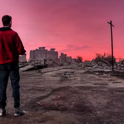 Prompt: man watching a ruined post-apocalyptic city under red sky