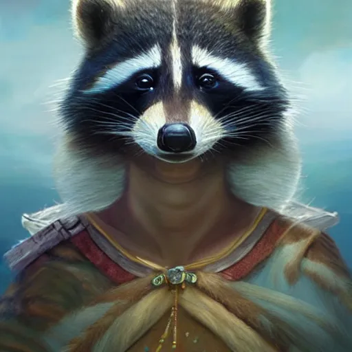 Prompt: a beautiful hyper realistic detailed painting of the sacred spirit raccoon who protect these land, by tom bagshaw, ross tran and bayard wu, inspired by dragon age inquisition