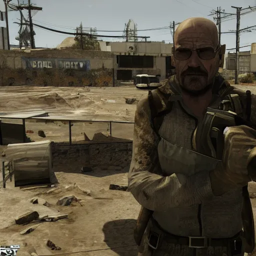 Image similar to Walter White in the Call of Duty Modern Warfare 2 map Rust, high resolution award winning photo, trending on artstation, 8k