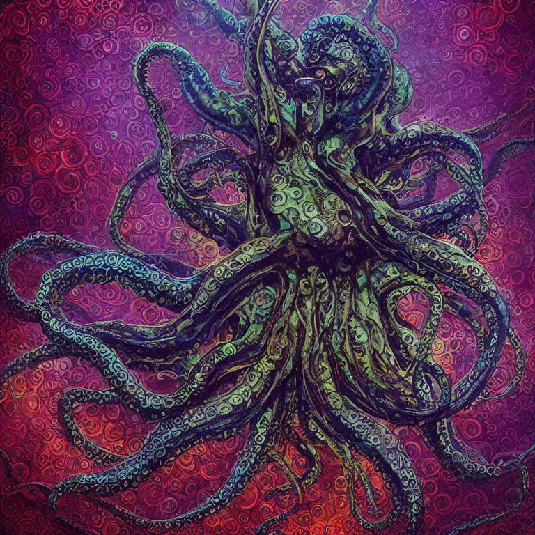 Image similar to depicting an octopus, in the style of h. p. lovecraft, exuberant organic elegant forms, by karol bak and filip hodas : : 1. 4 purple, red, blue, green, black intricate mandala explosions : : intuit art : : turbulent water backdrop : : damask wallpaper : : atmospheric