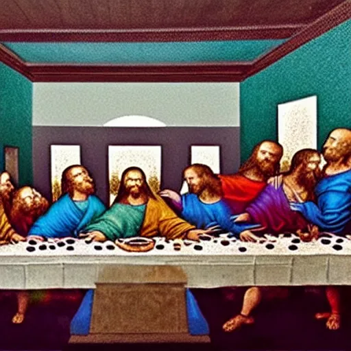 Prompt: The Last Supper, made of colored smoke. colored smoke looks like The Last Supper.