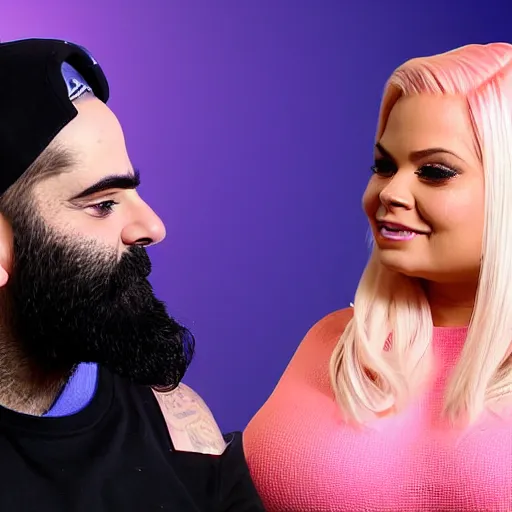 Image similar to a closeup of keemstar and trisha paytas in a podcast show, half blue and half pink background, high quality production