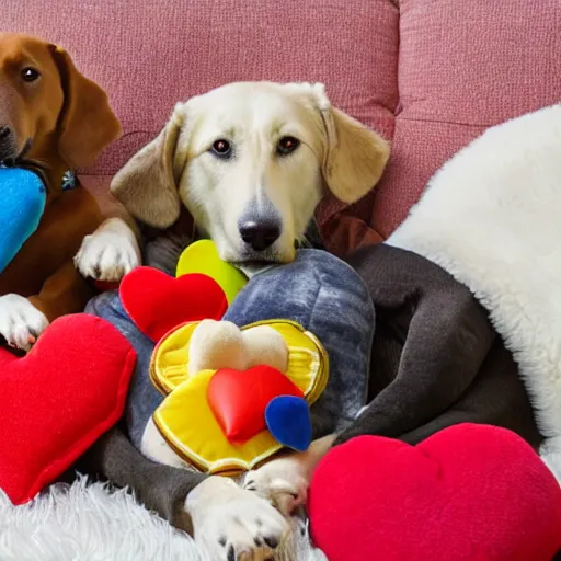 Prompt: dogs surrounded by cuddly toys and love hearts