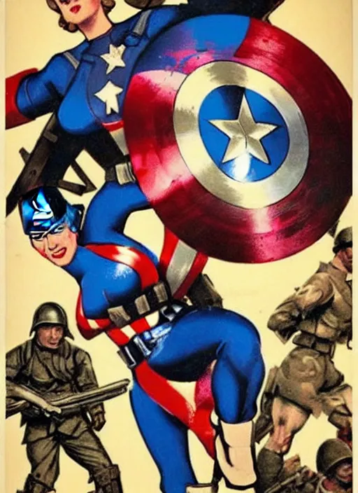 Prompt: beautiful female captain america standing on a pile of defeated, beaten and broken german soldiers. feminist captain america wins wwii. american wwii propaganda poster by james gurney and pixar. gorgeous face. overwatch.
